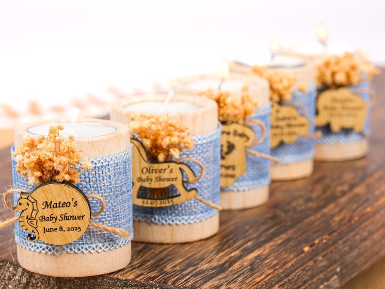 Baby Shower Favors, Wooden Candle Holder, Baby Shower Decor, Tealight Holder, Custom Candle Favor, Baby in Bloom, Baby Boy, Birthday Favors