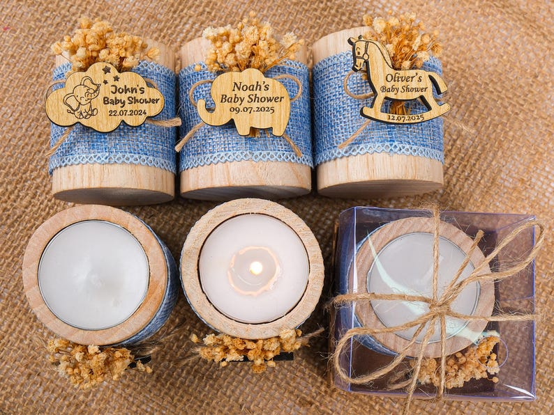 Baby Shower Favors, Wooden Candle Holder, Baby Shower Decor, Tealight Holder, Custom Candle Favor, Baby in Bloom, Baby Boy, Birthday Favors