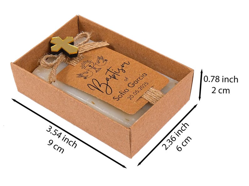 These beautiful handmade scented soap favors are a thoughtful gift for your special occasion. Ideal for baptisms, confirmations, christenings, first holy communions, quinceanera, sweet 16 or religious celebrations, each soap comes with a kraft paper tag customized with your guest of honor’s name, event date, and a personal message.

Each favor is topped with a rustic jute twine bow and a delicate charm, creating a charming and elegant presentation. Soaps are available in various scent-colors.