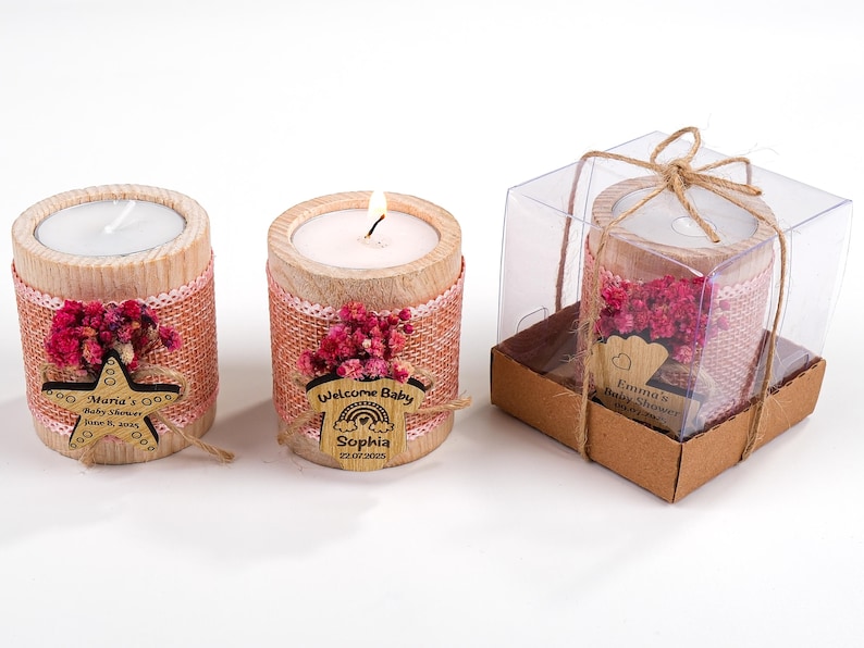 Baby Shower Favors, Handmade Wooden Candle Holder, Personalized Tealight Holder, 1st Birthday Favors, Baby Girl, Baby Boy, Baby in Bloom
