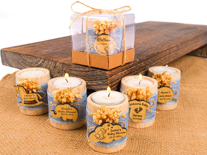 Baby Shower Favors, Wooden Candle Holder, Baby Shower Decor, Tealight Holder, Custom Candle Favor, Baby in Bloom, Baby Boy, Birthday Favors