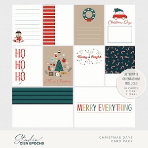 Op de afbeelding: Een set van 10 printbare kerstkaarten met verschillende kerstontwerpen, waaronder een kerstboom, een krans, snoepstokken en de tekst "Merry & Bright". De kaarten zijn ontworpen om te worden afgedrukt op 3x4 inch of 6x4 inch karton.