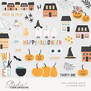 Op de afbeelding: Een set Halloween-stickers met huizen, pompoenen, geesten, maïs, vleermuizen en meer. De stickers zijn kleurrijk en hebben een speels ontwerp. De tekst "Trick or Treat", "Happy Halloween", "Boo!" en "Spooky" is opgenomen in het ontwerp.