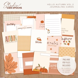 Puede incluir: Un conjunto de tarjetas de diario con temática otoñal. Las tarjetas presentan gráficos y frases relacionadas con el otoño, como "El otoño es mi color favorito" y "Vamos a hornear". La paleta de colores incluye tonos naranja, beige y marrón.