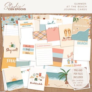 Puede incluir: Un conjunto de 26 tarjetas de diario con temática de playa de verano. Las tarjetas presentan varios diseños, incluyendo escenas de playa, chanclas y texto como "Beach Day" y "Summer Memories". Las tarjetas están disponibles en archivos PNG y PDF.