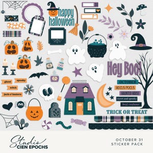 Op de afbeelding: Een set Halloween-stickers met geesten, pompoenen, een spookhuis, een heksenhoed, een ketel, een vleermuis, een spin, een snoepmais, een lolly, een bot, een ster, een halve maan, een grafsteen, een spinnenweb, een 'Hey Boo!' bord en de tekst 'October 31 Sticker Pack'.
