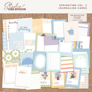 May include: A selection of Springtime Vol. 2 journaling cards in pastel shades. The cards display floral patterns, motivational phrases, and calendar months. The cards are available as PNG and PDF files, with 30 cards in total, including 24 (7.6x10.2cm) and 6 (10.2x15.2cm) sizes.