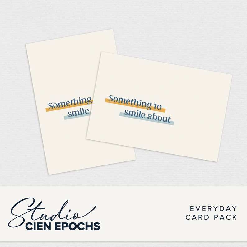 Preview of an everyday journaling card in horizontal and vertical orientations. The background color is an off-white. The words Something to smile about are in blue and slightly off-center.