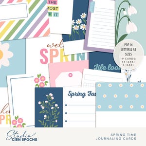 May include: A set of 19 printable spring-themed journaling cards in PDF format. The cards feature a variety of designs, including flowers, stripes, and text. The cards are available in letter and A4 sizes.