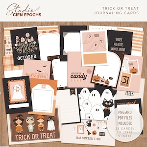 Op de afbeelding: Een verzameling Halloween-thema journalingkaarten. De kaarten bevatten illustraties van geesten, pompoenen, vleermuizen en trick-or-treaters. Het kleurenpalet omvat zwart, oranje, wit en roze. De kaarten hebben tekst zoals "Trick or Treat".