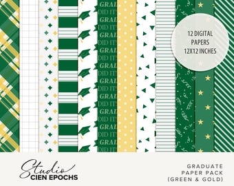 Green and Gold Graduation Digital Patterned Papers