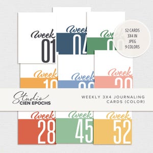 Cartes de journalisation numériques hebdomadaires 3 x 4 en couleur Cartes de poche Scrapbooking numériques et imprimables
