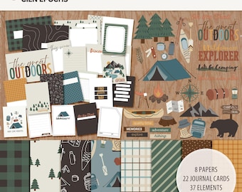 Camping Scrapbook Kit: Hiking & Outdoors Digital Paper Pack (Digital Download