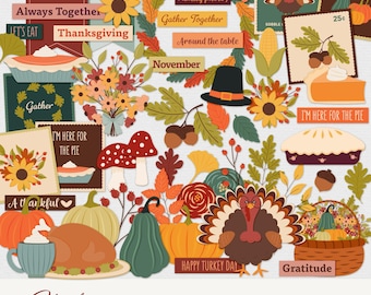 May include: A Thanksgiving sticker pack featuring illustrations of turkeys, pumpkins, pies, and other autumn-themed imagery. The stickers include phrases such as "Gobble Gobble Gobble", "Always Together", "Gather Together", "Happy Turkey Day", and "Gratitude".