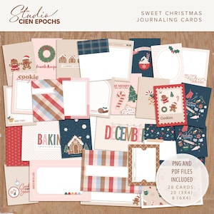 Puede incluir: Una colección de tarjetas de diario navideñas con varios diseños. Las tarjetas presentan hombres de jengibre, coronas, bastones de caramelo y el texto "Sweet December". Incluye archivos PNG y PDF. Los tamaños de las tarjetas son 7,6 x 10,2 cm y 15,2 x 10,2 cm.
