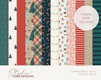 May include: Twelve digital Christmas themed paper patterns in a variety of colors and designs. The patterns include snowflakes, candy canes, plaid, stripes, and Christmas lights. The papers are 12x12 inches.