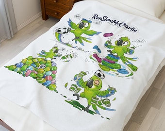 Playful Parrot Cartoon Velveteen Plush Blanket | RunSlowMoCharlie Design gift for kids teen gift, nursery decor