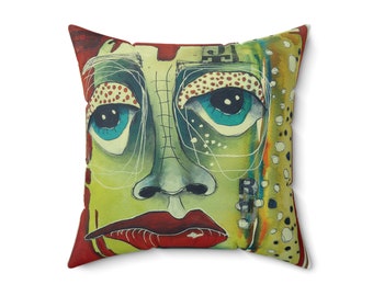 Square pillow, cool pillow, gift for him, gift for her, artsy gift, wobble face, painted face, pillow,
