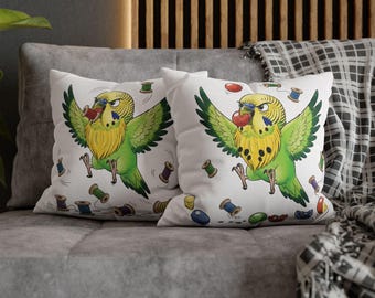 Parrot Cartoon Pillowcase |Pillow, Green and Yellow Parakeet Decor,Bird Lover Gift, Cute Cartoon Bird Cushion , runslowmocharlie