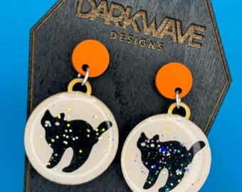 Halloween Black Cat Dangle Earrings: Laser-Cut Wood, Hand-Painted