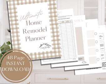 May include: A printable home remodel planner with a gingham pattern and the text "Ultimate Home Remodel Planner" and "48 Page Instant Download".