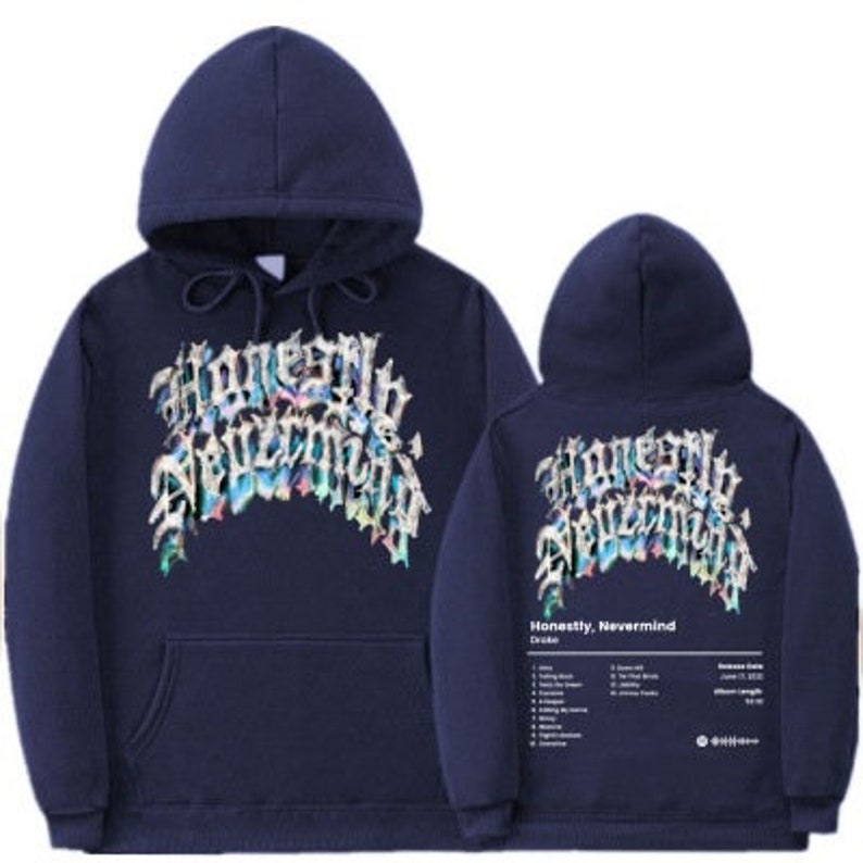 以下が含まれることがあります： スタイリッシュなフォントで「Honestly, Nevermind」という文字が白でプリントされたネイビーブルーのフーディー。フーディーの背面には同じグラフィックプリントとアルバムの曲リストがプリントされています。