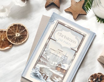 Snowy Village Digital Greeting Card: Rustic Christmas Charm|Winter Village Magic Card|Village Lake|White Christmas Holiday Invitation Card