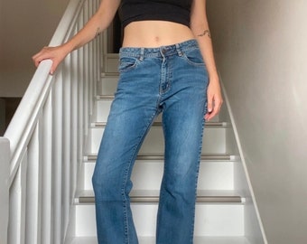 Boyfriend Jeans Vintage Mittelblaue Jeans Schlagjeans Jeans mit weitem Bein Vintage Denim 2000er Jahre Hose High Waist Jeans Y2K Jeans