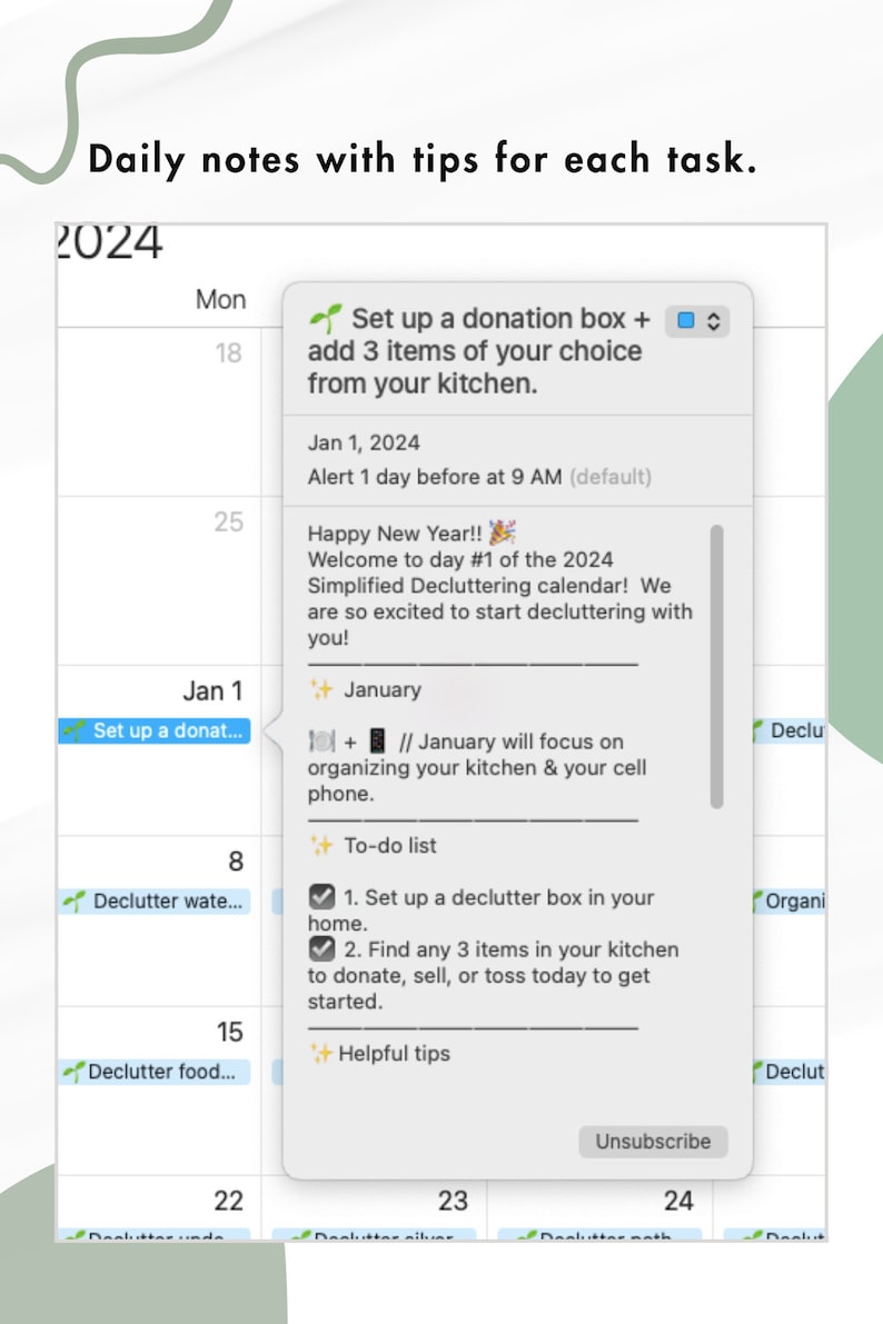 Digital 2024 1year Simplified Decluttering Calendar Calendar Links for