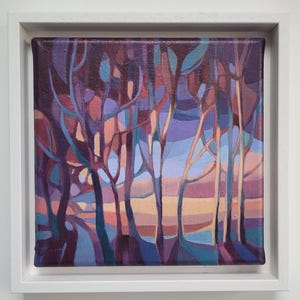 Landscape Painting - Forest Walk VII - original art by Justyna Rozacka, contemporary acrylic painting, framed. 20x20cm