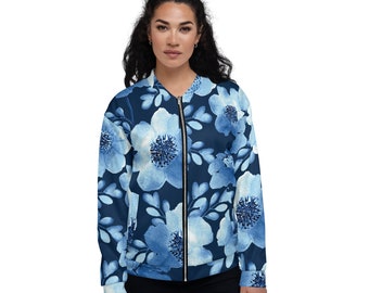 Bomber Jacket Unisex Floral Bomber Jacket Blue and White Floral Jacket Lightweight Jacket Fleece Lined Womens Jacket