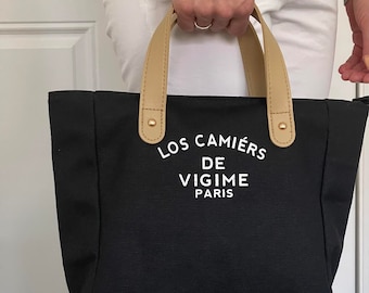 Small Canvas Tote Bag with Zipper and Vegan Leather Handles