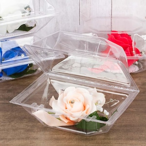 Pode incluir: Um recipiente de plástico transparente com tampa, contendo uma única rosa cor de pêssego com um strass no centro. A rosa é cercada por folhas verdes e uma fita bege.