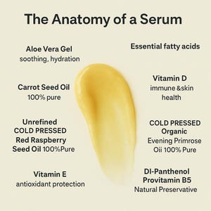 Ingredients of aloe vera serum with carrot seed oil and raspberry seed oil.