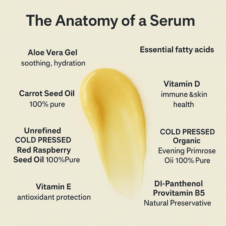 Ingredients of aloe vera serum with carrot seed oil and raspberry seed oil.
