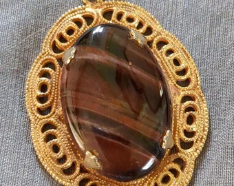 Broche Ancienne Unique En Métal Argenté Avec Gemme œil De Tigre Bleu - Bijou Vintage 303 - Occasion