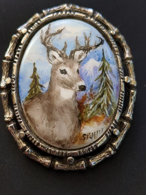 Porcelain hand painted deer buck brooch pin penda… - image 1