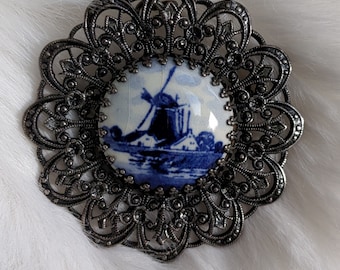 Windmill porcelain and silver vintage pendant brooch pin