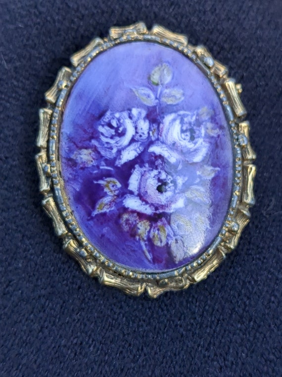 Vintage floral hand painted pendant brooch pin - image 1