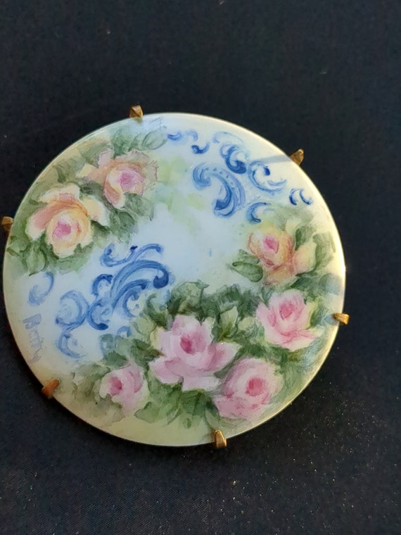 Hand painted porcelain floral brooch pin