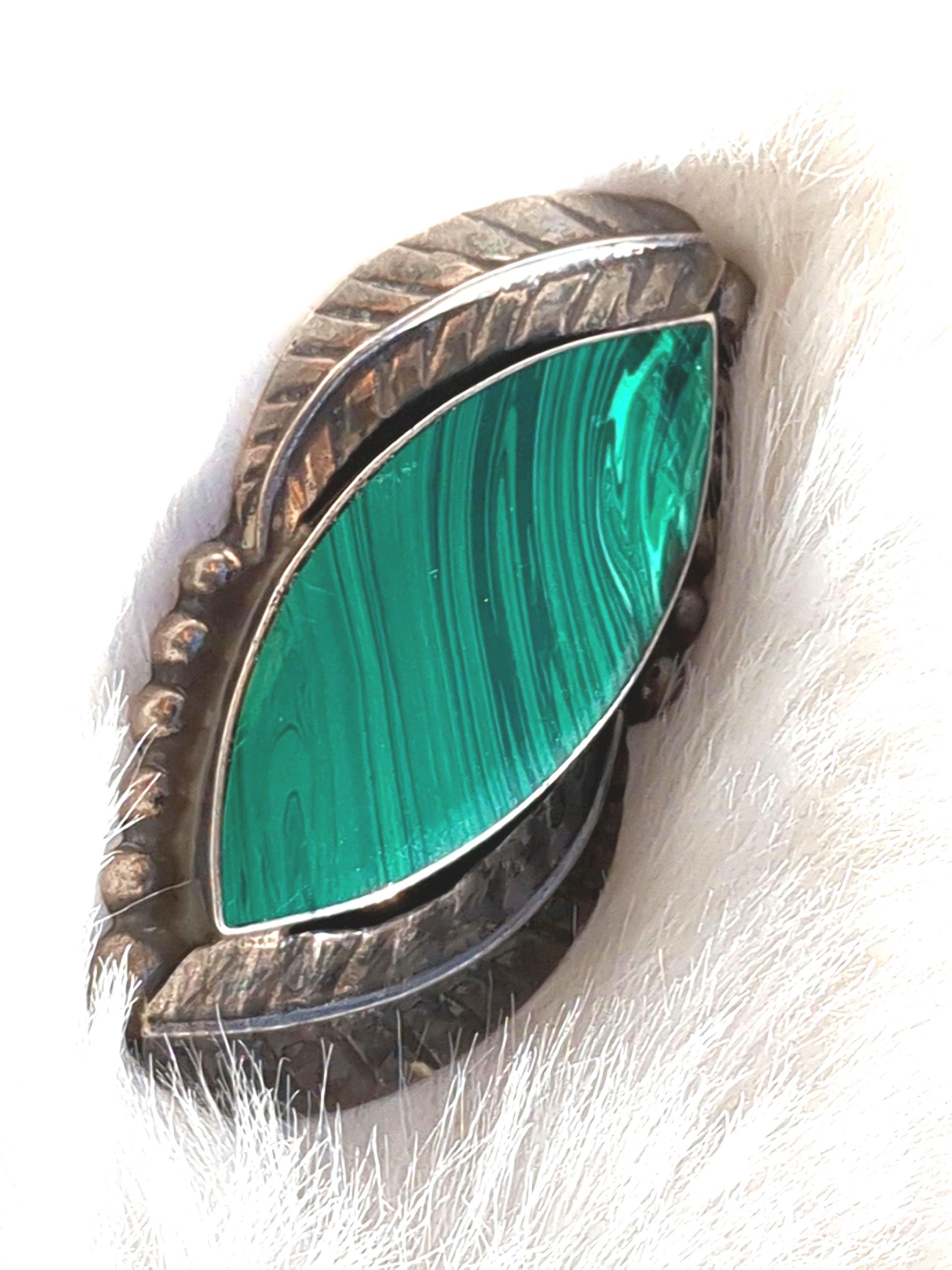 Broche Ancienne Navette En Argent 925 Et Malachite - Occasion (fermoir à Changer)