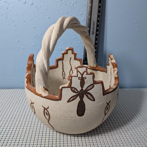 Vintage Zuni Pueblo Kiva Prayer Bowl, Signed, Karlene Peywa. Repaired handle as shown
