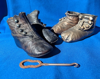 Vintage Black Leather Baby Shoes with Button Hook or bronzed shoes: Victorian Nursery Decor