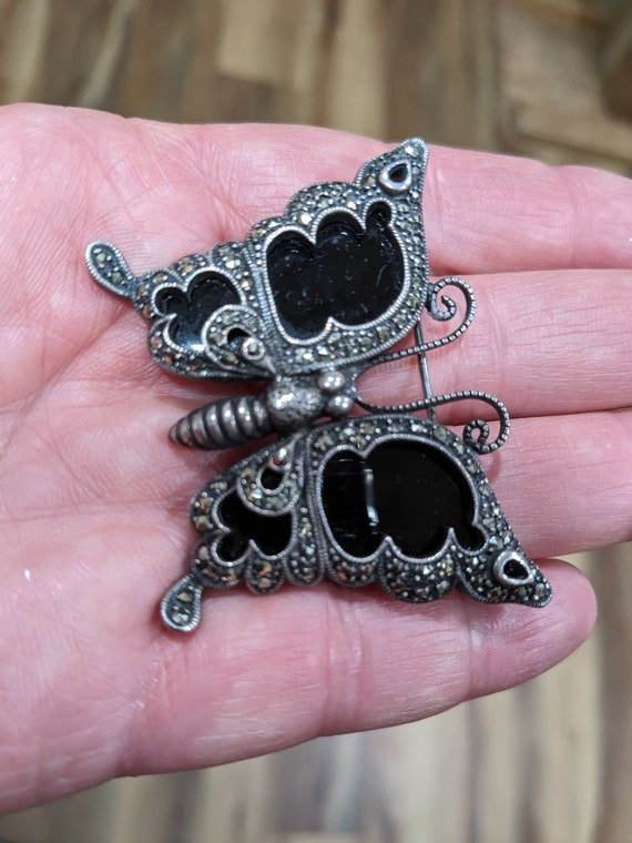 Sterling silver onyx and marcasite Butterfly