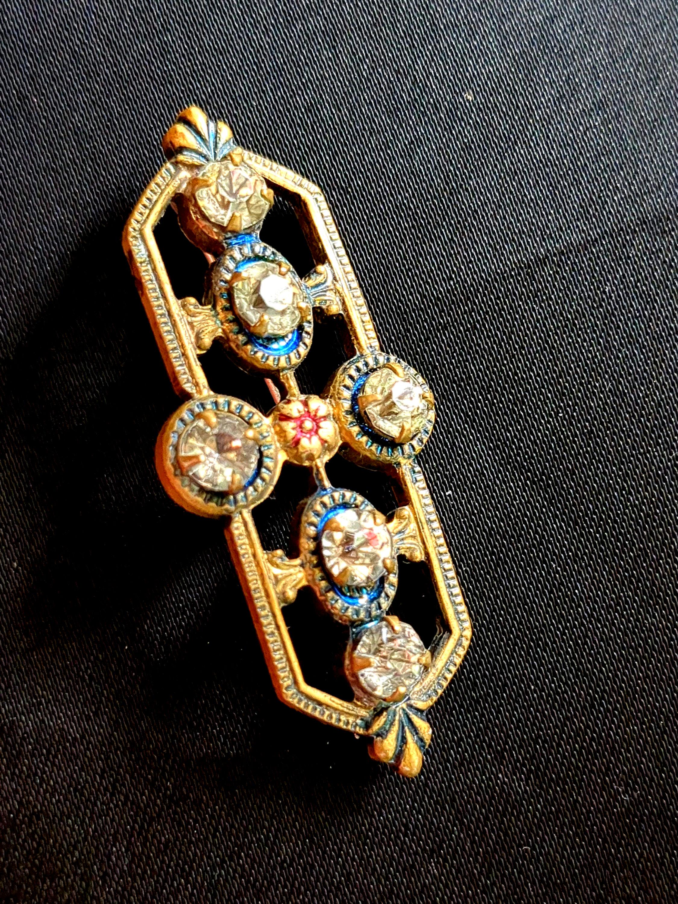 Grande Broche Strass Bleu Vintage Monture Métal Doré Grande Broche Strass Bleu Vintage Monture Métal Doré