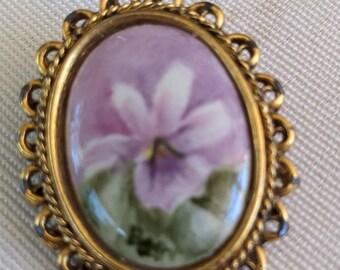 Hand painted porcelain floral pendent or brooch pin