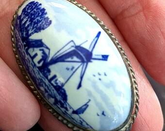 Signed vintage Delft blue windmill, set in silver