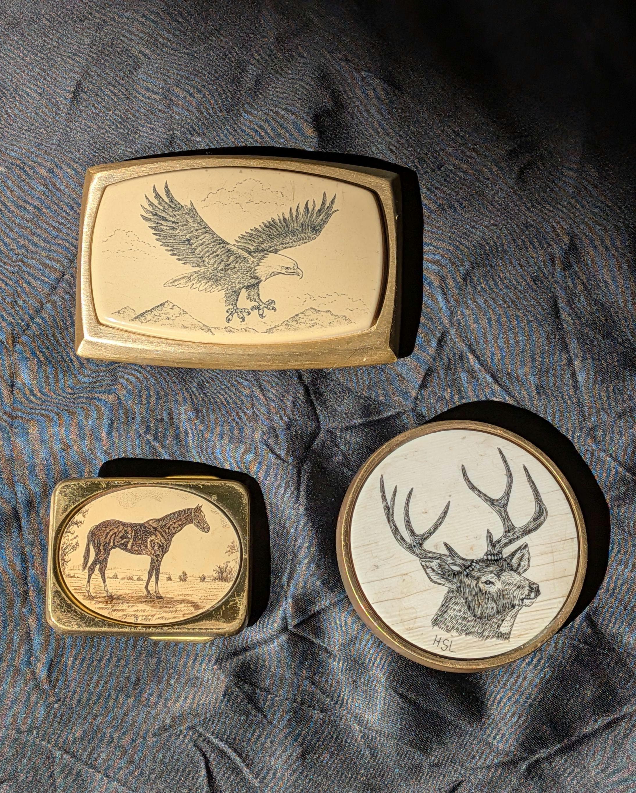Vintage NIB BARLOW Belt Buckle Scrimshaw Jump Deer Silver 4\