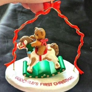 Teddy bear on a moving rocking horse, vintage ornament, Godchild&#39;s First Christmas.