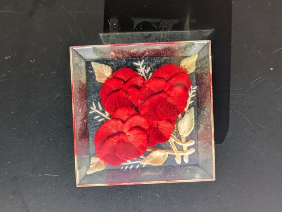 Lucite brooch pin with reverse carved red flowers - image 6